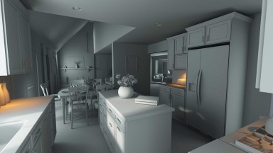 CG image of 3D modeled kitchen interior design gray material render