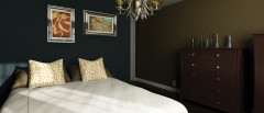 CG image render of 3D modeled blue and green colored bedroom interior design