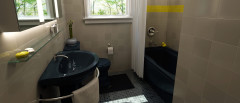 CG image render of 3D modeled tan and dark gray bathroom interior