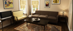 Digital visualization of living room interior with brown couch