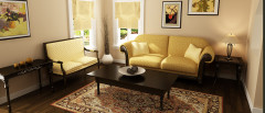 Digital visualization of living room interior with yellow couch