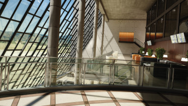 CGI architectural rendering of 3D modeled commercial building indoor space with glass wall