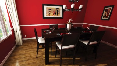 CGI rendering of 3D modeled red dining room interior design